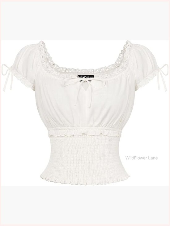 Tops - Square Neck Smocked Waist Peasant Blouse Short Sleeve